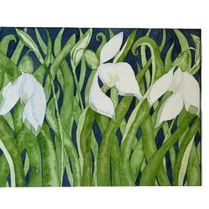 PAINTING WATERCOLOR ORIGINAL ART SNOWDROP FLOWERS WHITE BLUE 11 X14 MAT 16X20